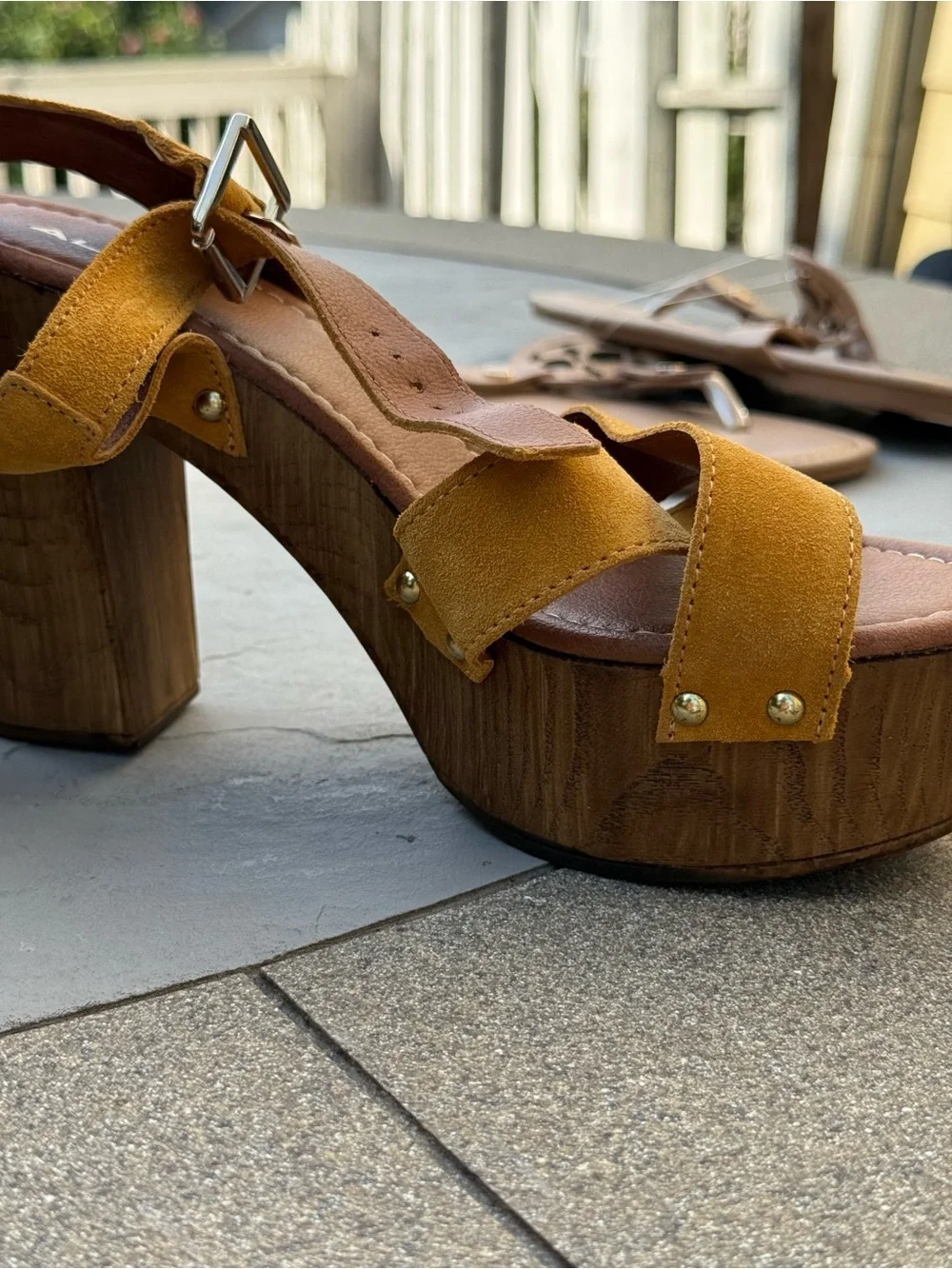 Aldo Mustard Suede Platform Sandals with Wood-Effect Block Heel
